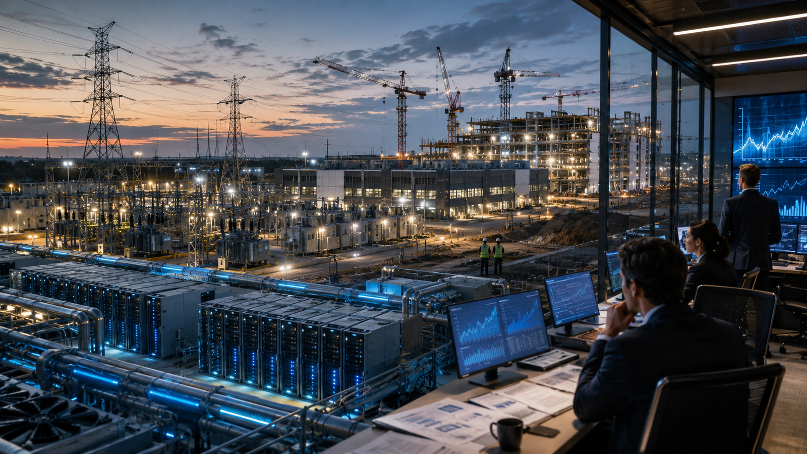 Large AI data center construction site with power lines, server racks and investors reviewing financial charts.