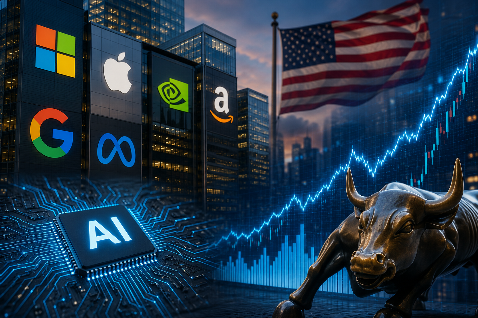 Futuristic financial district with AI microchip, rising market chart, charging bull and major technology company symbols.