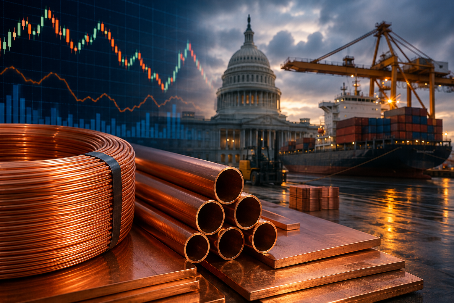 Copper coils, pipes and sheets in front of a cargo port, market chart and U.S. Capitol building.