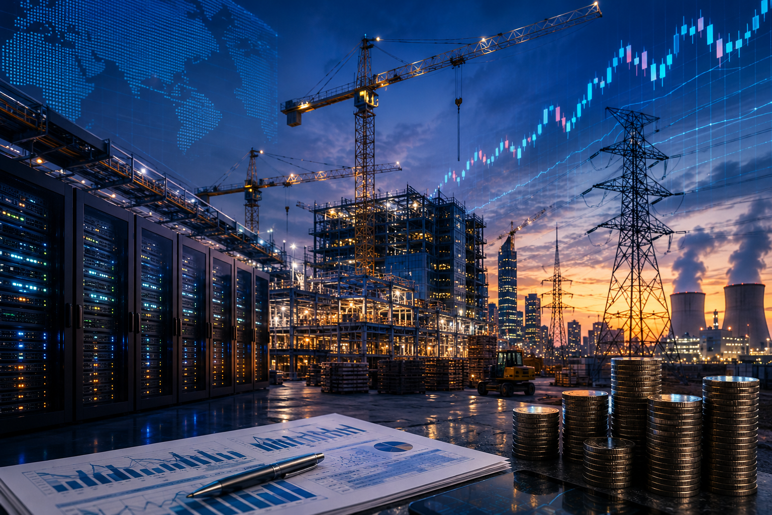 Data center servers, construction cranes, power transmission towers and financial charts symbolizing AI infrastructure investment.