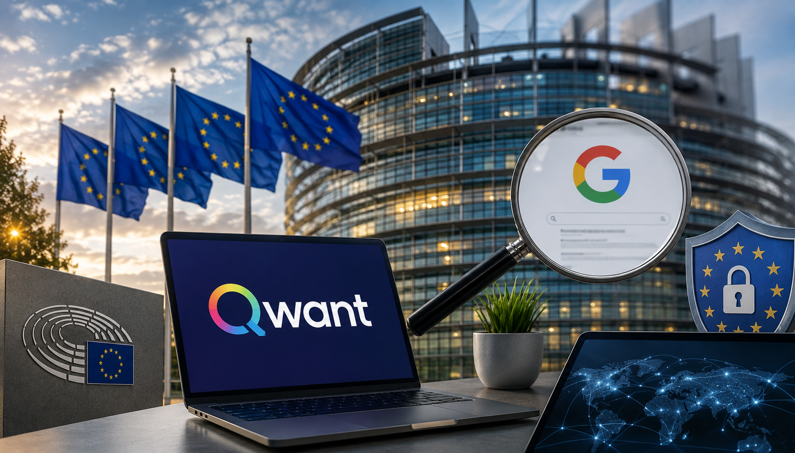 European Parliament building with EU flags, a laptop symbolizing a privacy-focused search engine, and digital privacy imagery.