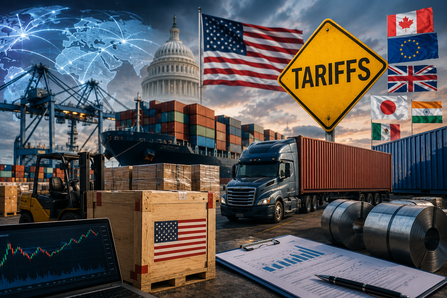 Cargo port with shipping containers, global flags, U.S. Capitol, tariff sign, steel coils and financial market charts.