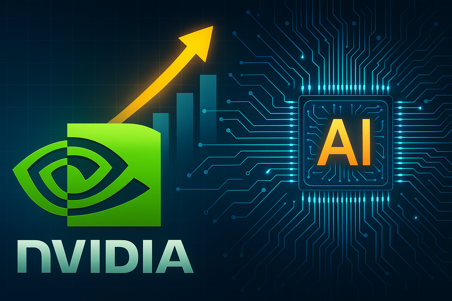 A symbolic digital illustration showing Nvidia’s green logo rising with an arrow, connected to a glowing AI microchip against a circuit-pattern background.