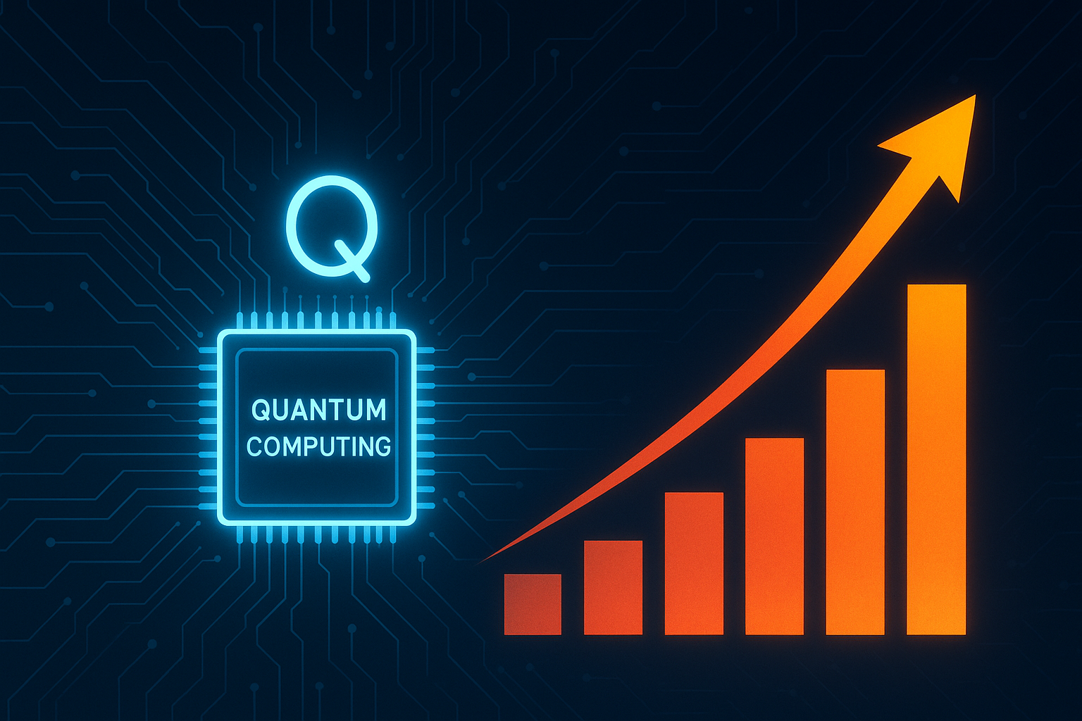 A symbolic image featuring a glowing quantum computing chip with a neon “Q” above it and an orange upward arrow beside rising bar charts.