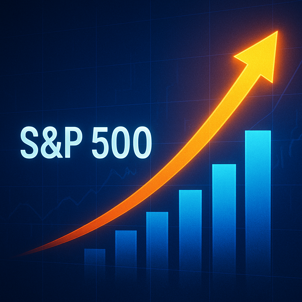 A symbolic image showing a glowing orange arrow rising above ascending blue bar charts, against a dark blue grid background with line graph patterns.