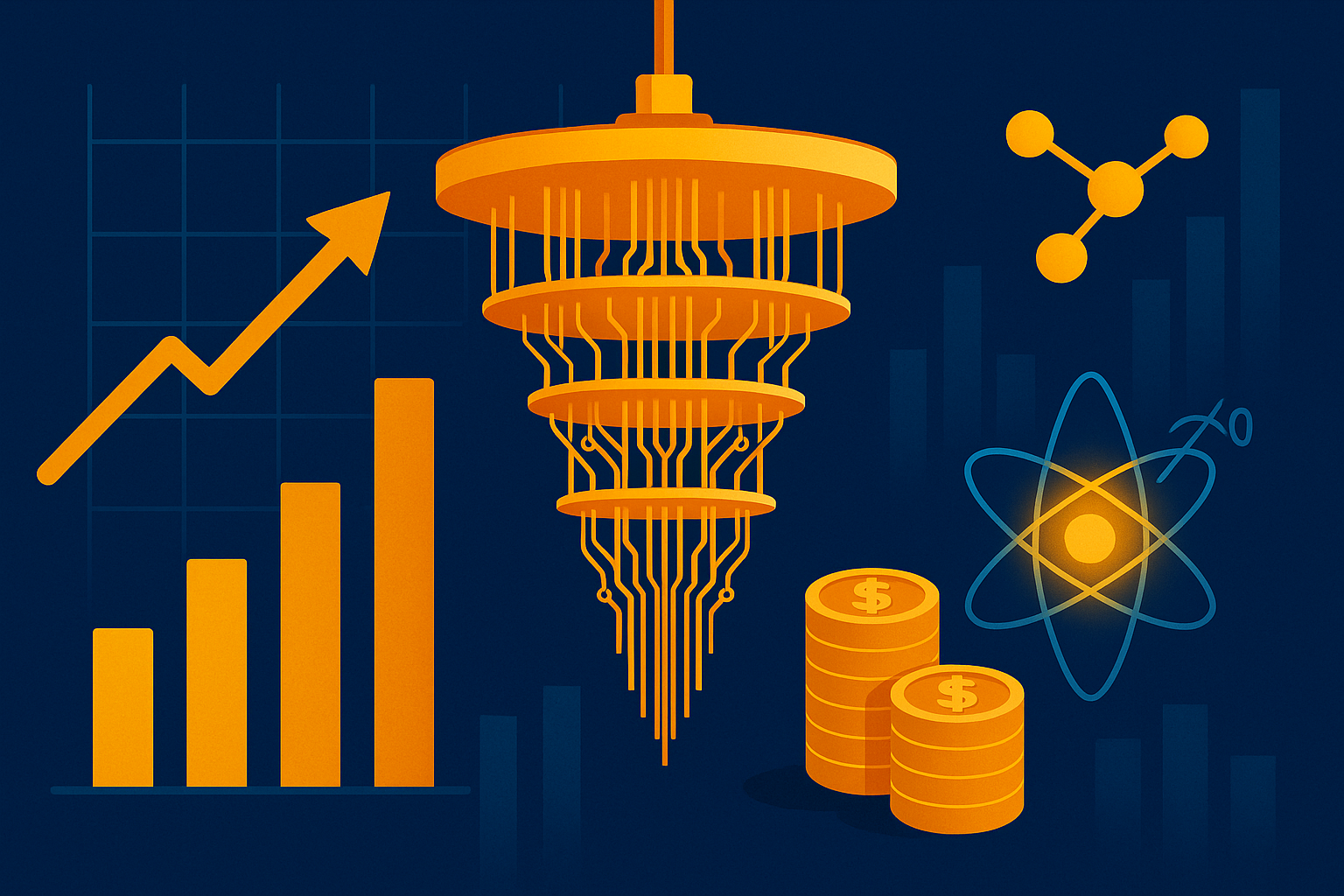 Illustration of a quantum computer surrounded by growth charts, coins, and atomic symbols representing finance and technology.