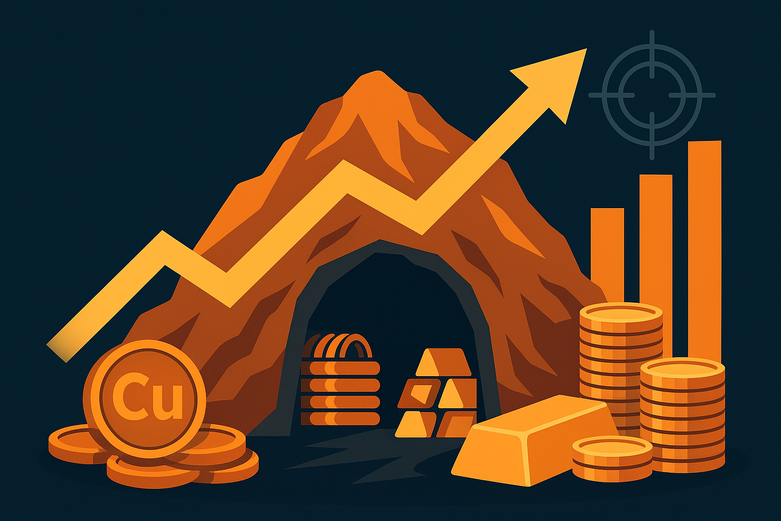 Illustration of a copper and gold mining tunnel with rising arrow, coins, and bar graphs symbolizing resource sector growth.