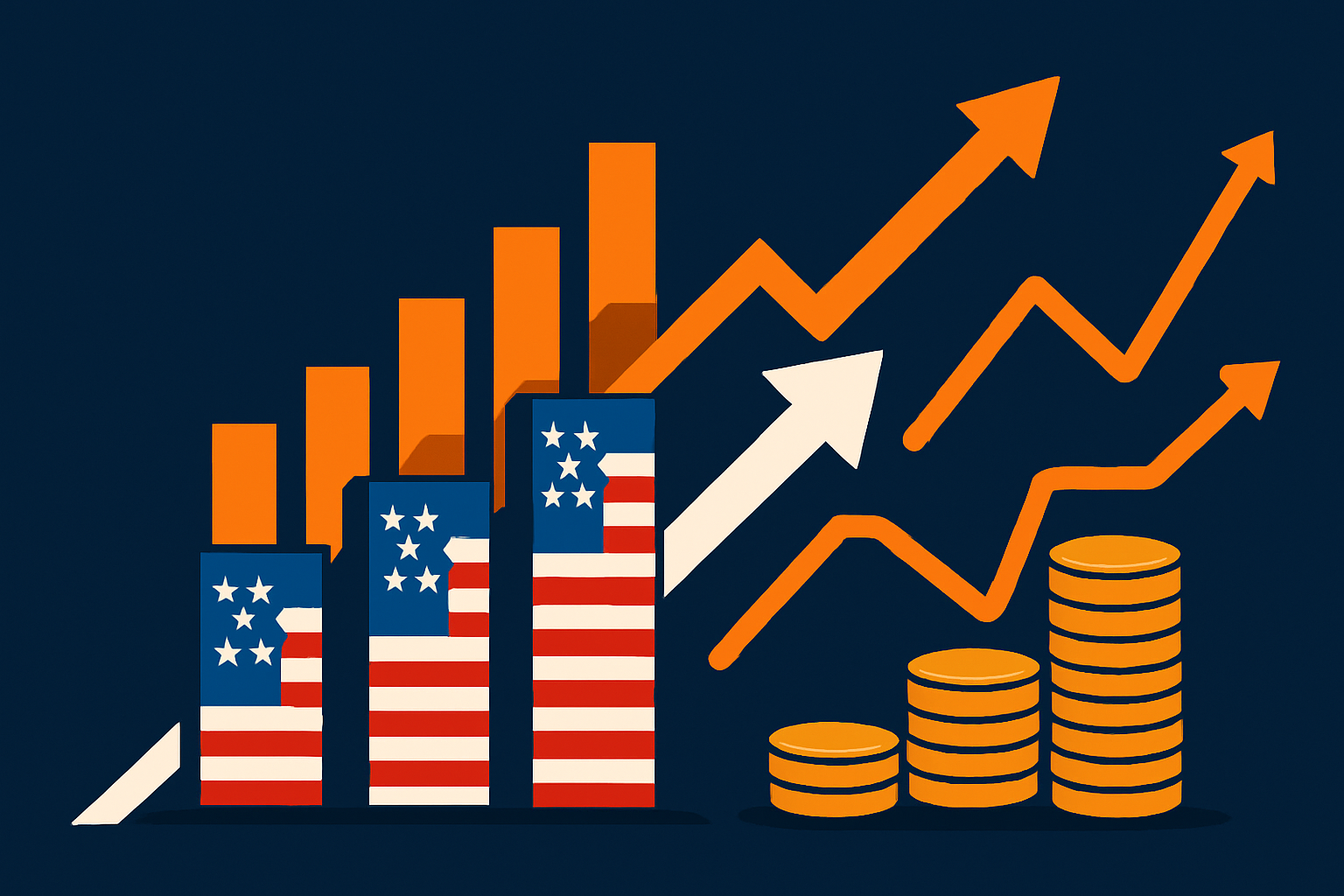 Illustration of rising U.S. bar charts and coins with upward arrows, symbolizing economic and market growth.