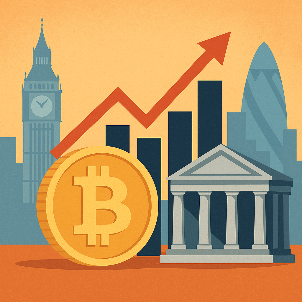 Illustration of a large Bitcoin coin in front of UK landmarks, bar chart, and a classical bank building with an upward arrow indicating market growth.