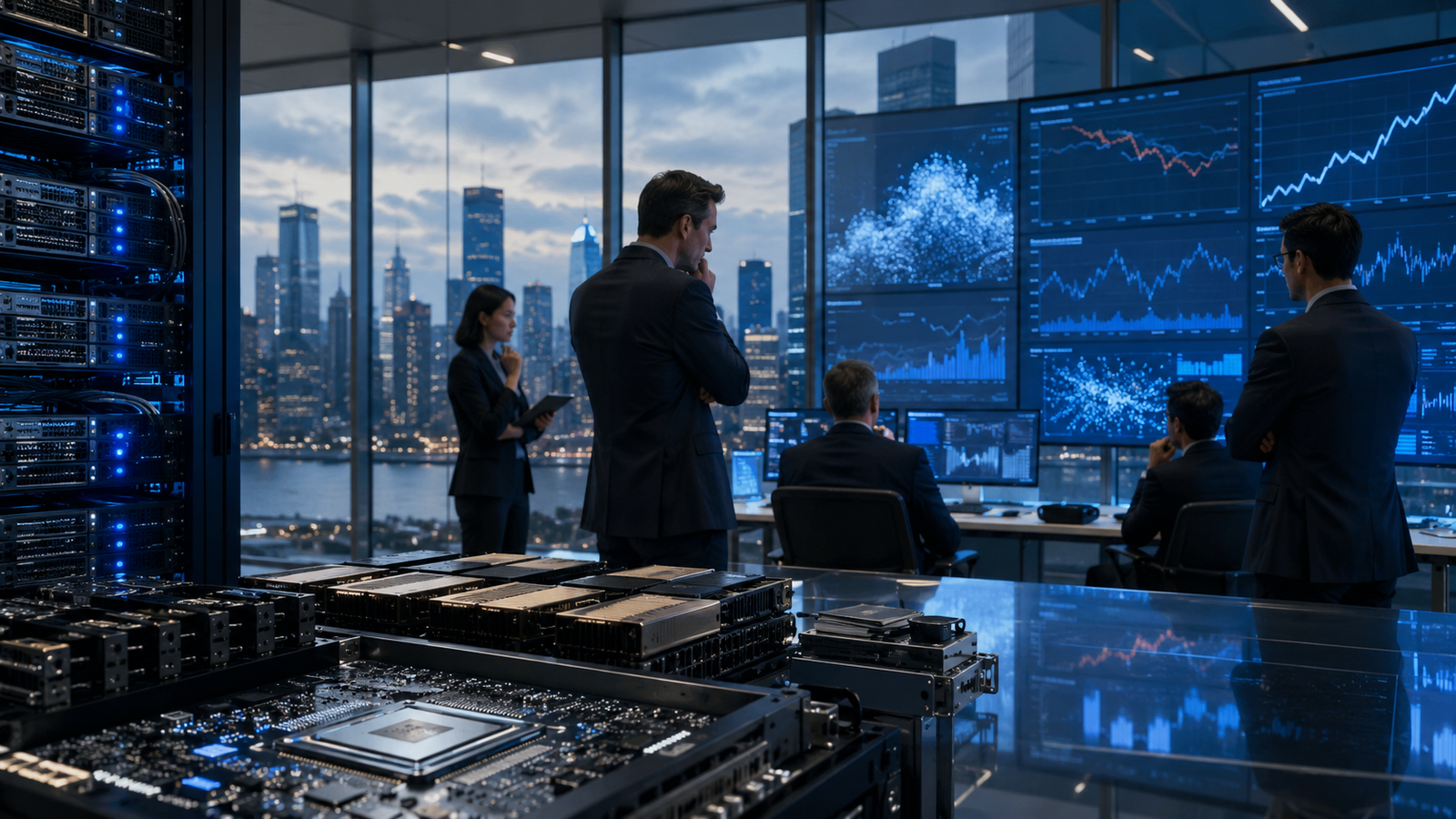 Business analysts examine AI infrastructure and financial dashboards in a high-tech office overlooking a city skyline, symbolizing Wall Street scrutiny of artificial intelligence investment returns.