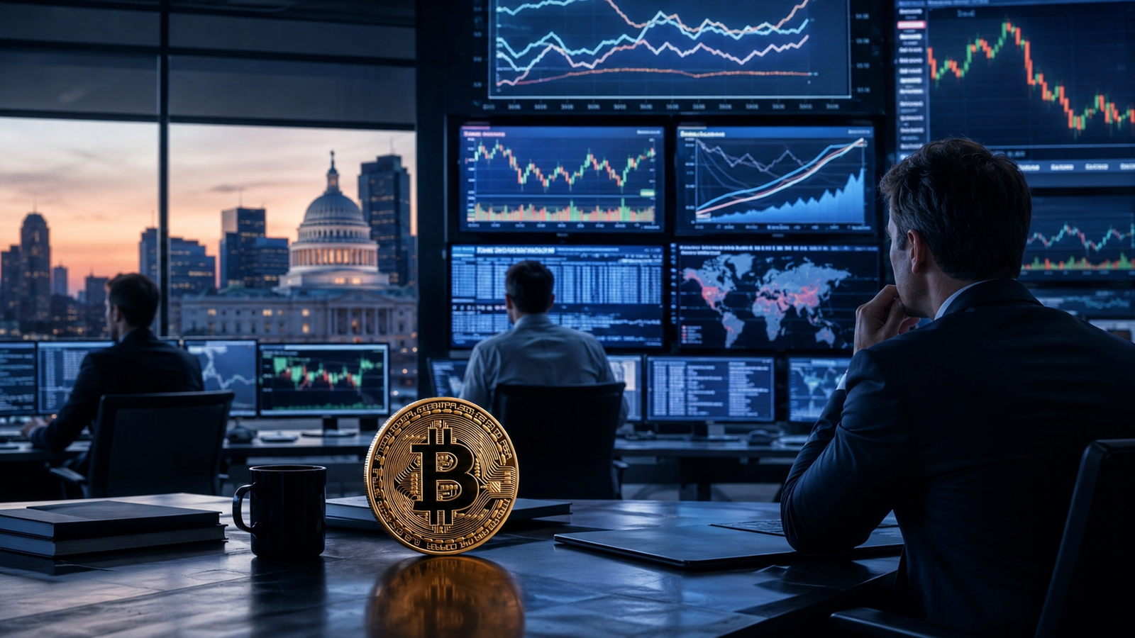 A gold Bitcoin coin sits on a trading desk as analysts monitor global market charts and macroeconomic data screens in a professional financial trading room.