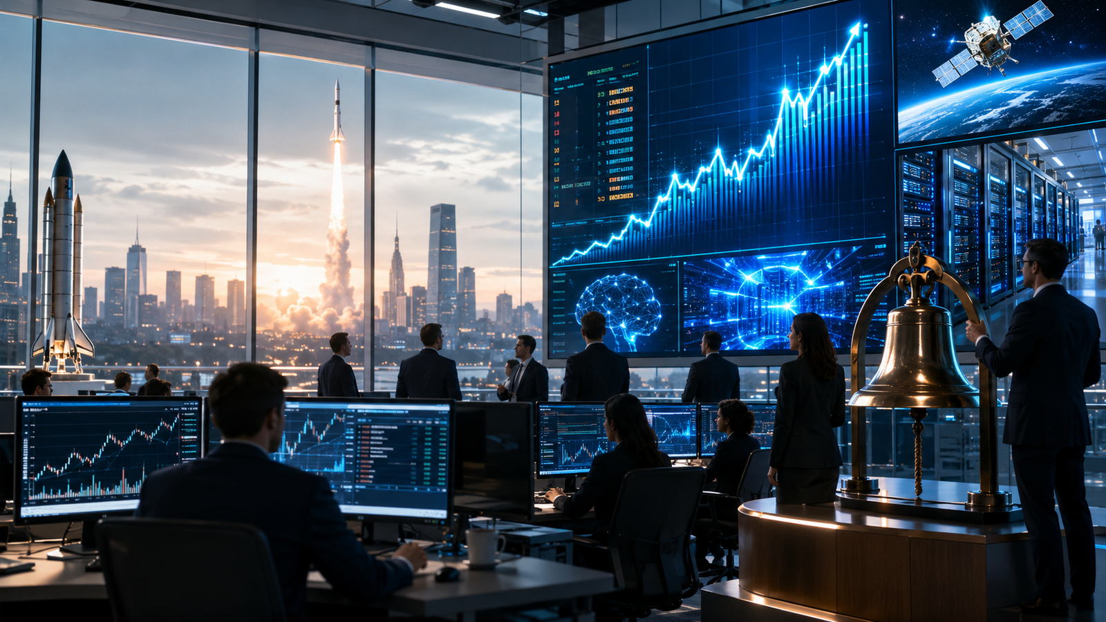 Investment bankers and analysts monitor rising market charts in a high-tech trading room as a rocket launch and exchange bell symbolize major upcoming IPOs in AI, aerospace and advanced technology.