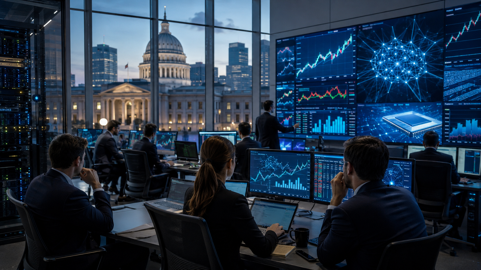 Investors and analysts work in a modern trading room filled with market screens, AI visuals and financial charts, with a government-style building and city skyline visible through large windows.
