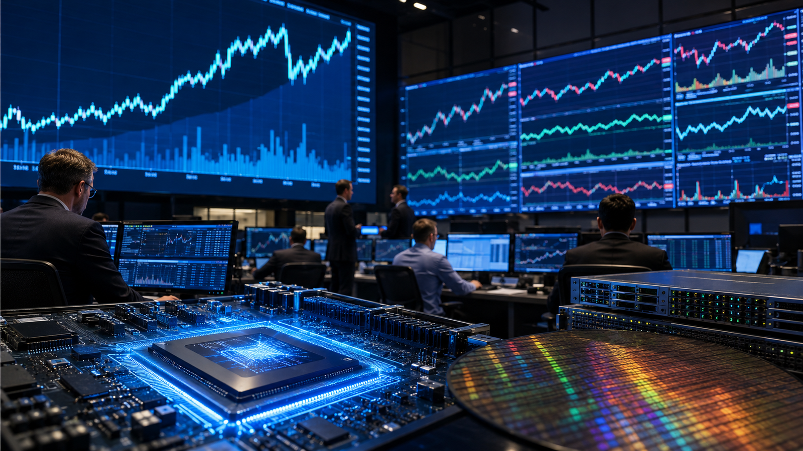 A glowing AI chip, semiconductor wafer and server hardware sit in the foreground of a high-tech trading floor where analysts monitor mixed technology market charts.