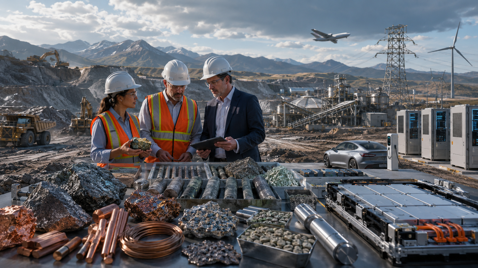 Engineers and an investor examine critical mineral samples at a mining site with processing facilities, power infrastructure, wind turbines, an electric vehicle and data-center equipment in the background.