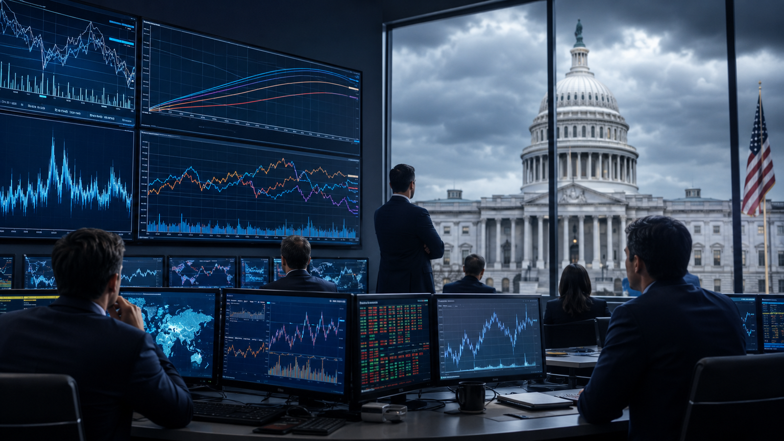 Investors monitor financial charts in a trading room overlooking a government-style building, symbolizing Federal Reserve policy uncertainty and its influence on markets.