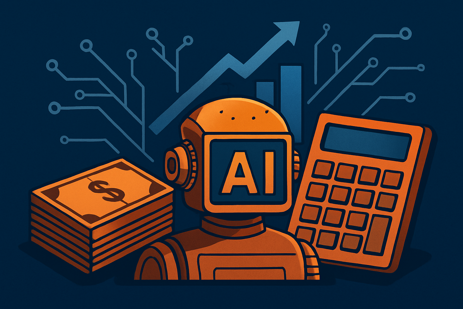 Illustration of a robot head labeled "AI" surrounded by a calculator, money stack, and digital circuit graphics representing finance and automation.