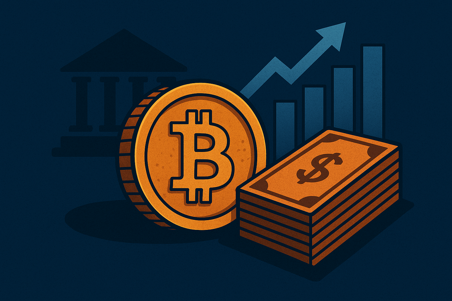 Illustration of a large gold Bitcoin coin next to a stack of dollar bills, a financial institution silhouette, and an upward-trending bar graph.