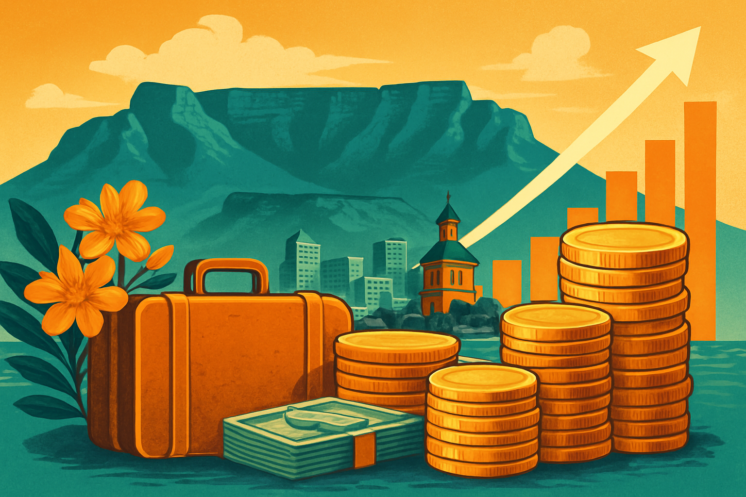 Digital illustration featuring Cape Town landmarks, financial growth symbols, and tropical flowers, symbolizing tourism investment growth in Africa.