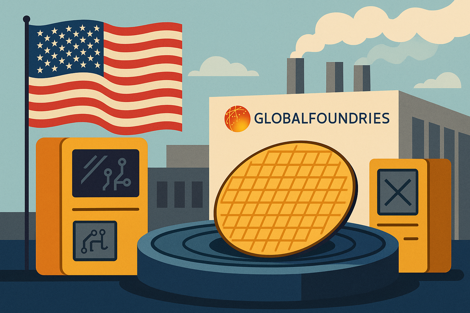 Illustration of a U.S. semiconductor facility with GlobalFoundries branding, American flag, large silicon wafer, and chipmaking equipment.
