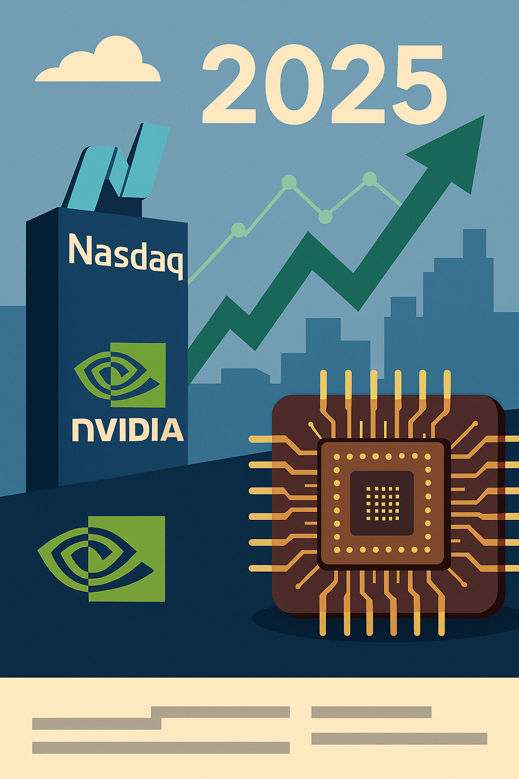 Illustrated image of the Nasdaq building with Nvidia logos, an upward green arrow, a semiconductor chip, and the year 2025 in the background.