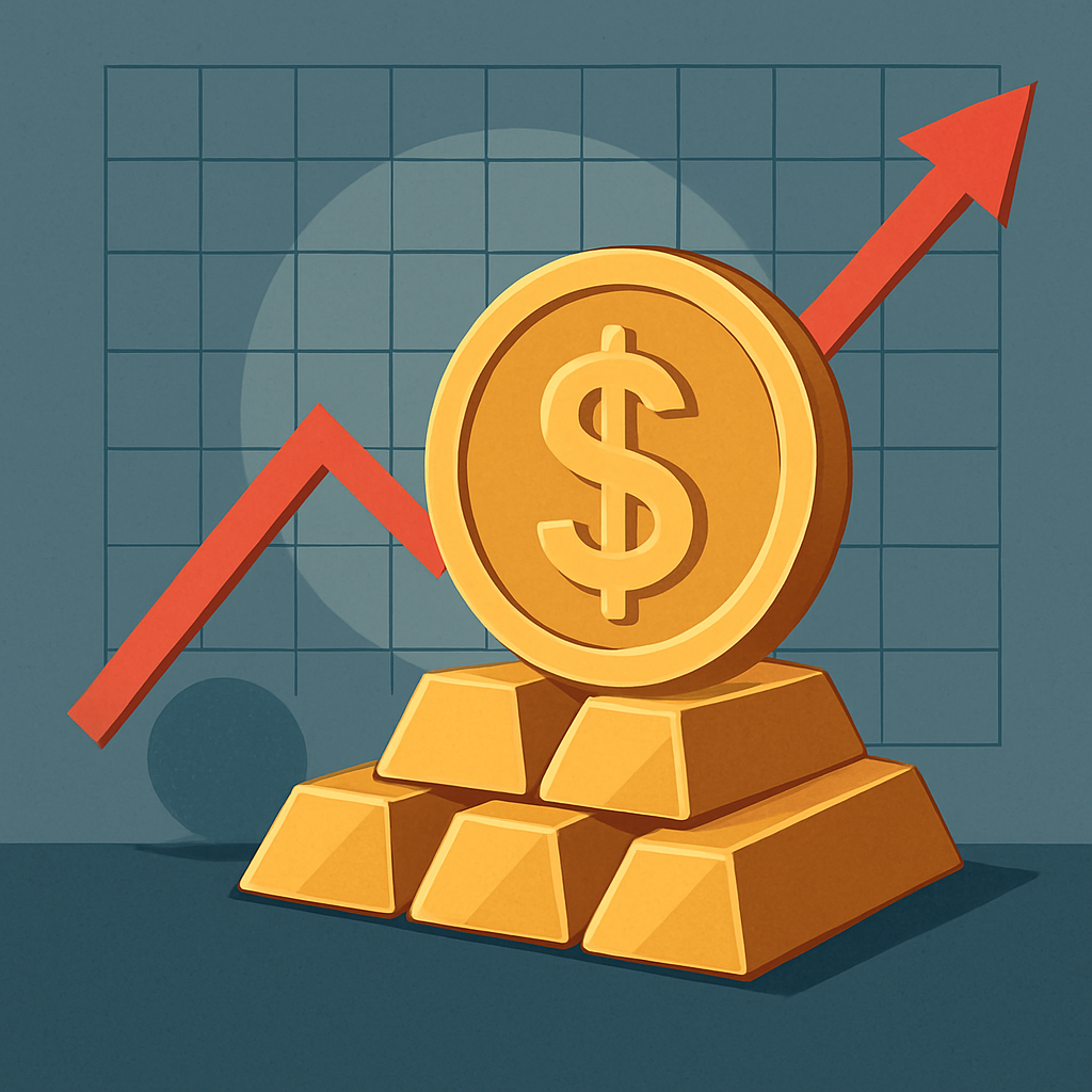 A large gold coin with a dollar sign atop gold bars, set against a rising red arrow on a grid background