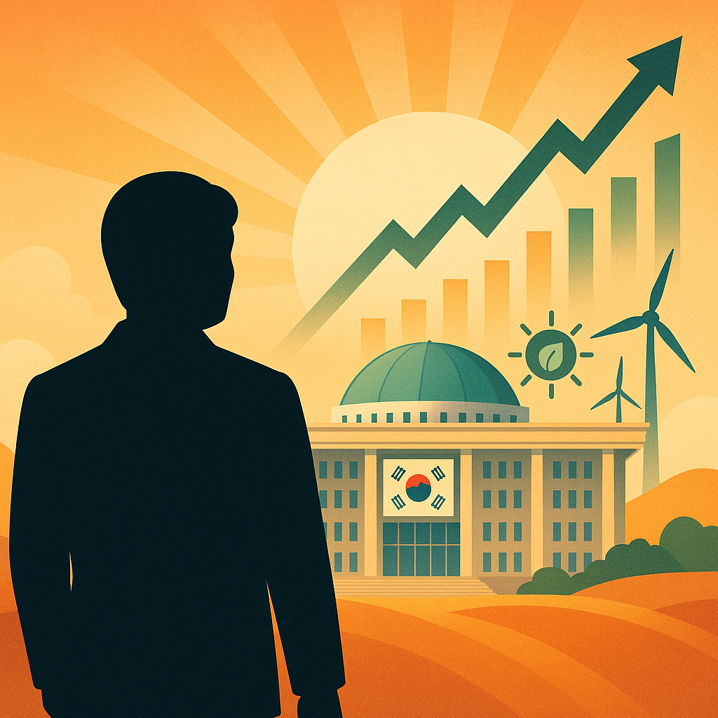 A silhouette of a man representing South Korea's new leader stands before the National Assembly building, with the South Korean flag on display. Behind him, a sunrise illuminates upward-trending stock charts and green energy icons like wind turbines and a leaf symbol, symbolizing economic growth and policy transformation.