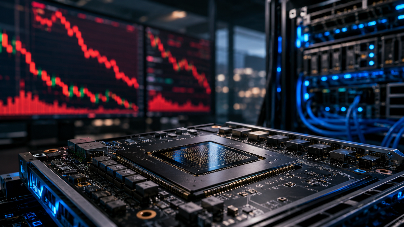 Semiconductor chip on a circuit board with blurred red market charts and server racks in the background.