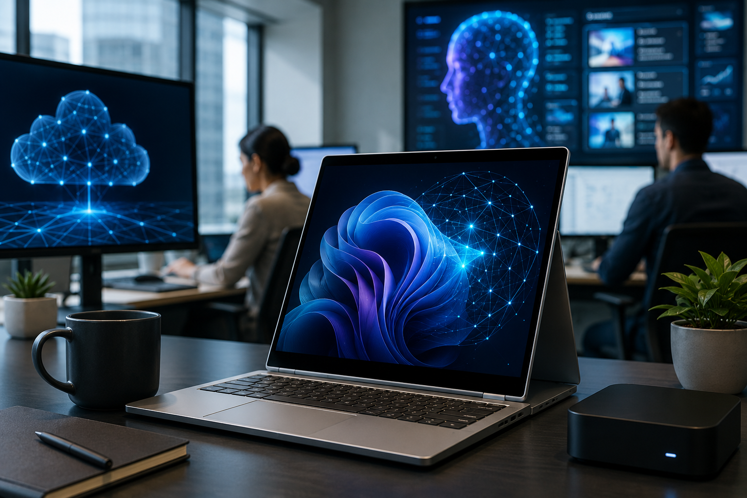 AI-enabled laptop in a modern office with cloud and neural network visuals on surrounding screens.