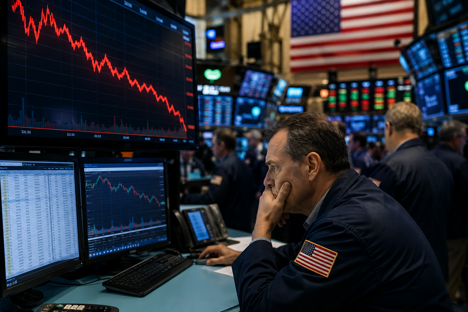 Concerned trader on a busy Wall Street trading floor watching red downward market charts on large monitors.