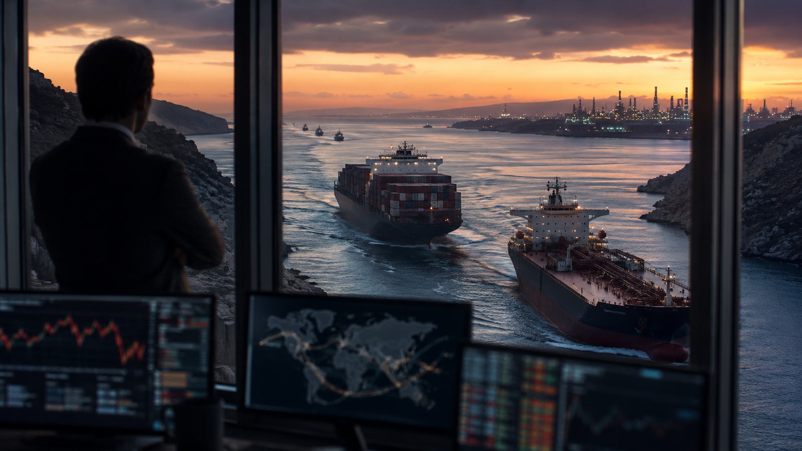 Cargo ships and an oil tanker moving through a narrow shipping route while a market analyst watches from a control room.