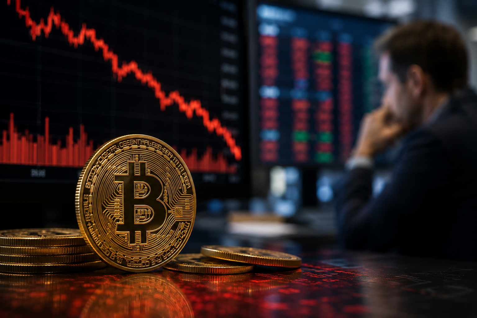 Gold Bitcoin coin in front of red downward market charts with a concerned investor blurred in the background.