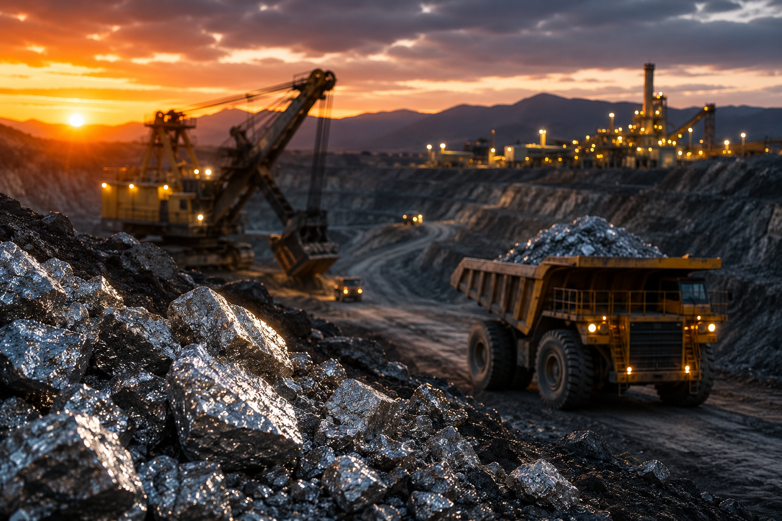 Open-pit silver mine at sunset with reflective ore, haul trucks, excavators and a processing plant in the distance.