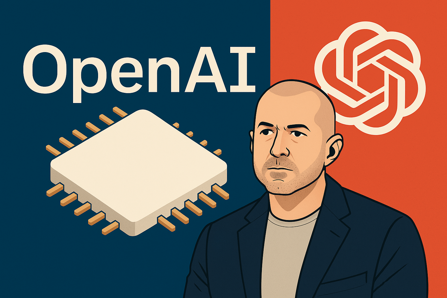 Illustration of OpenAI and io logos with a microchip and a vector portrait of Jony Ive, representing OpenAI’s acquisition of the AI hardware startup.