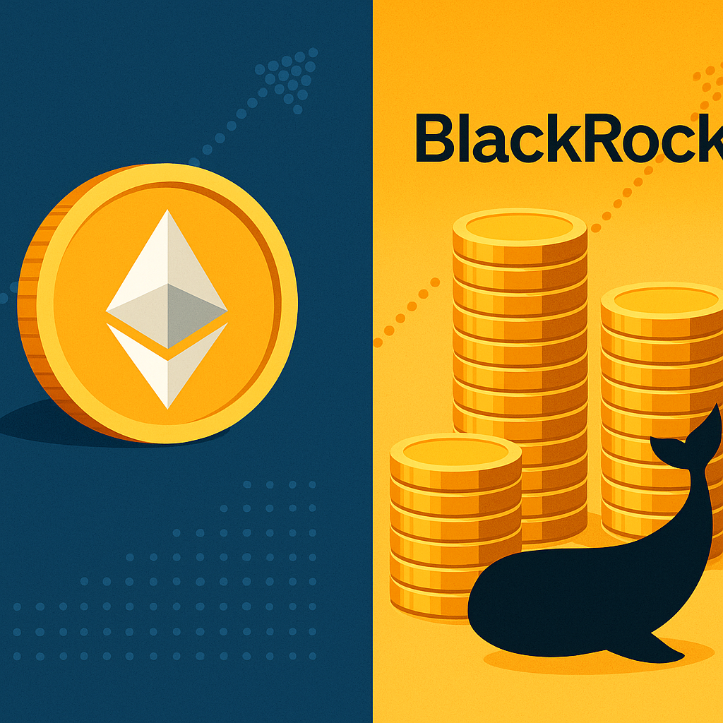 Illustration showing an Ethereum coin and the BlackRock logo with golden coin stacks and a whale silhouette, symbolizing institutional and whale investment in Ethereum.