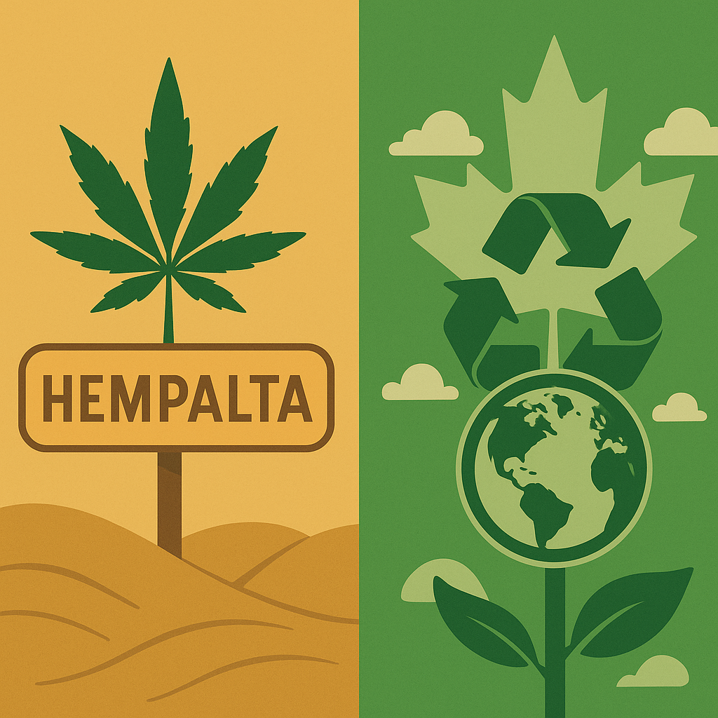 Split-image graphic showing a hemp leaf above a sign labeled “HEMPALTA” on the left and a green Earth inside a recycling symbol and maple leaf on the right, symbolizing sustainability.