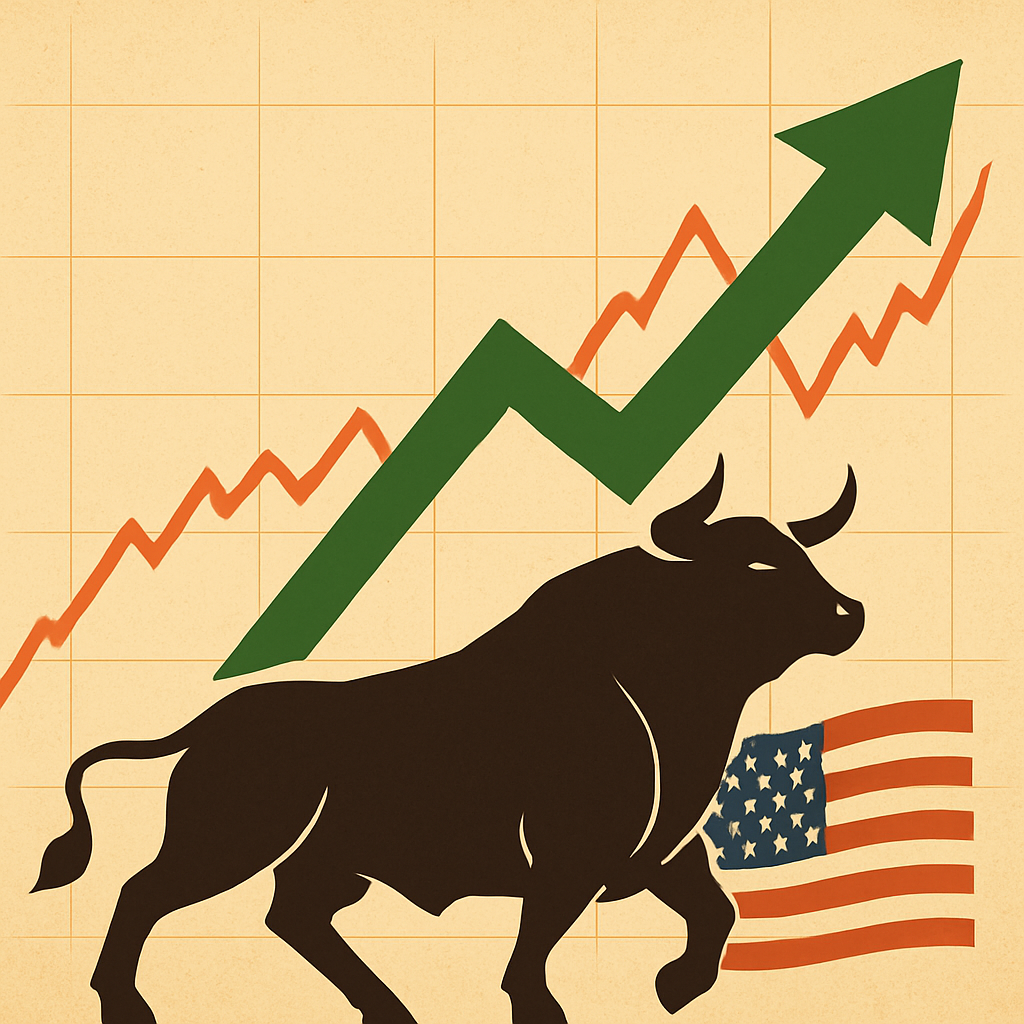 Illustration of a bullish stock market with a dark bull figure, green upward arrow, red line graph, and partial American flag.