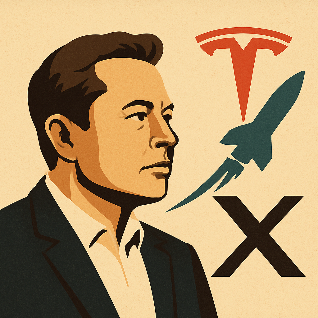 A stylized digital illustration of Elon Musk in profile, with logos of Tesla, SpaceX, and X in the background.