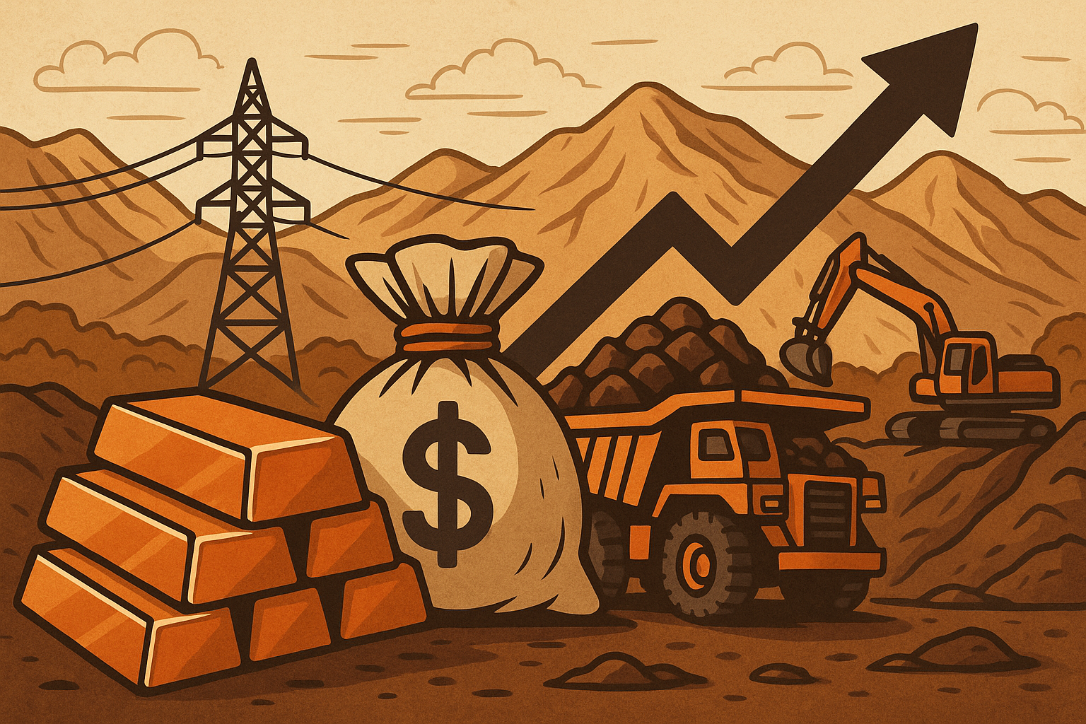 Illustration of copper bars, a money bag, mining equipment, and an upward arrow set in a mountainous landscape, symbolizing investment growth in the copper mining industry.