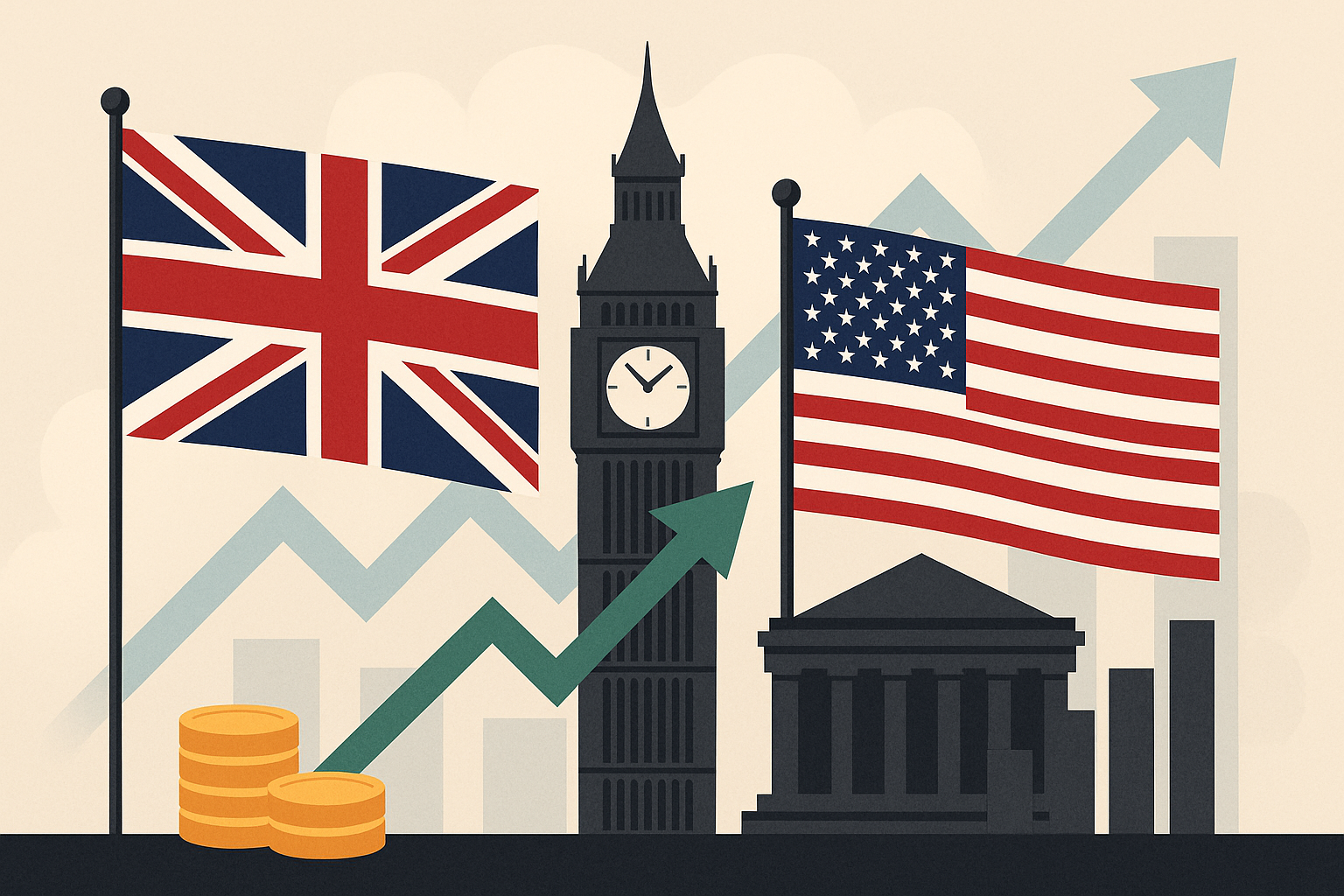 Illustration of UK and US flags with Big Ben and financial growth symbols like arrows, coins, and bar charts in the background.