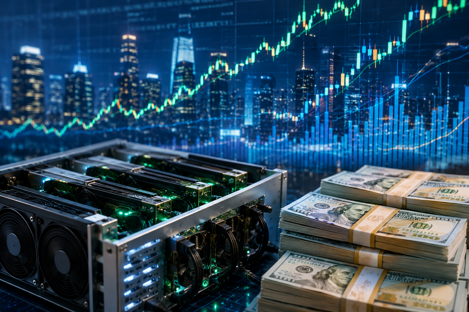 Server hardware and stacks of cash in front of glowing market charts and a city skyline.