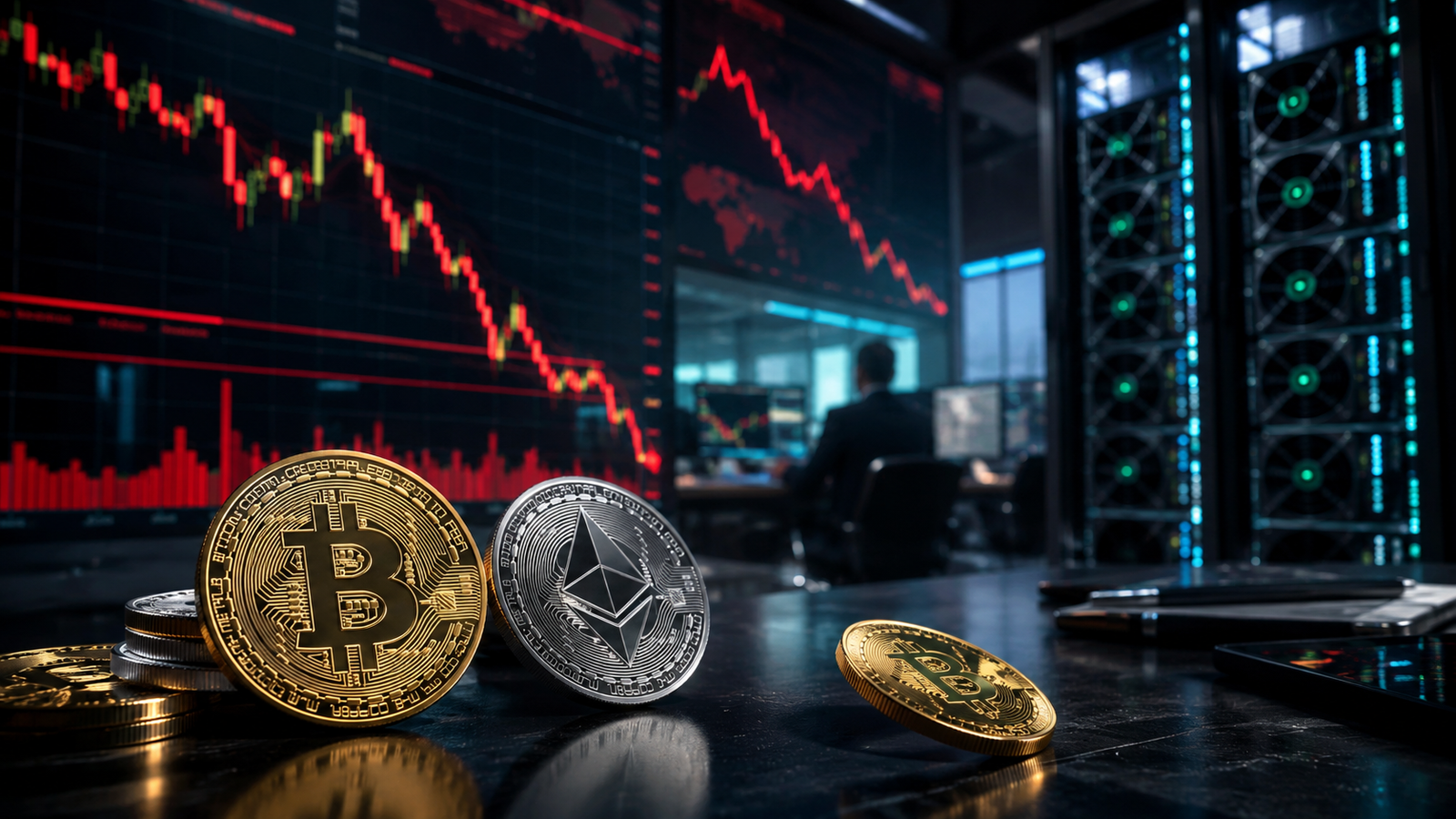 Bitcoin and Ethereum coins on a trading desk with red market charts and server racks in the background.