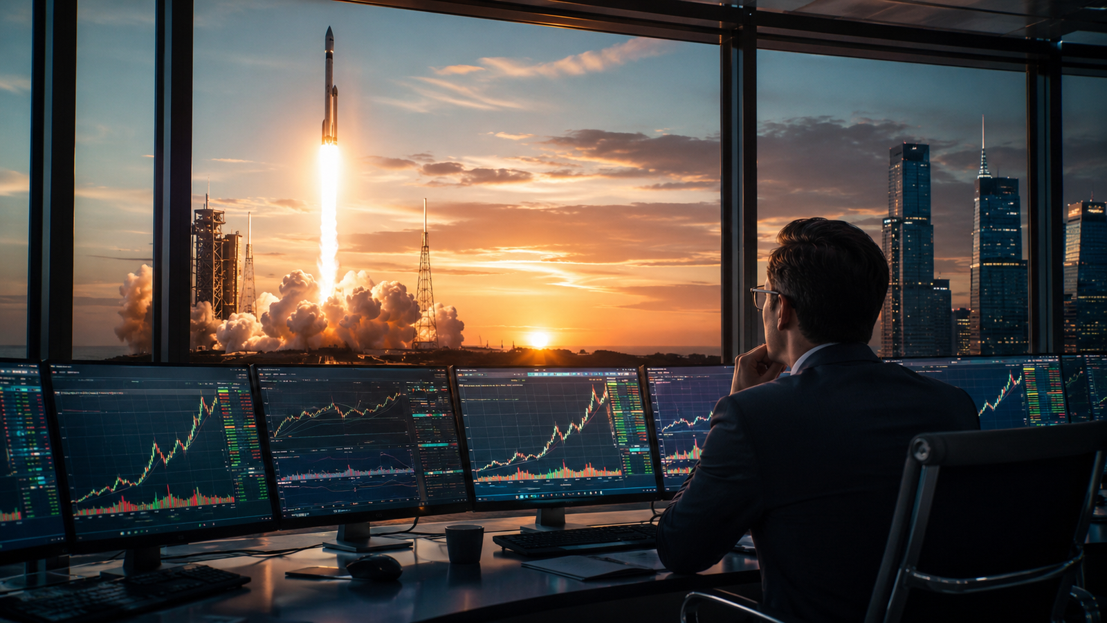Investor watches a rocket launch from a trading desk with market charts on multiple screens.