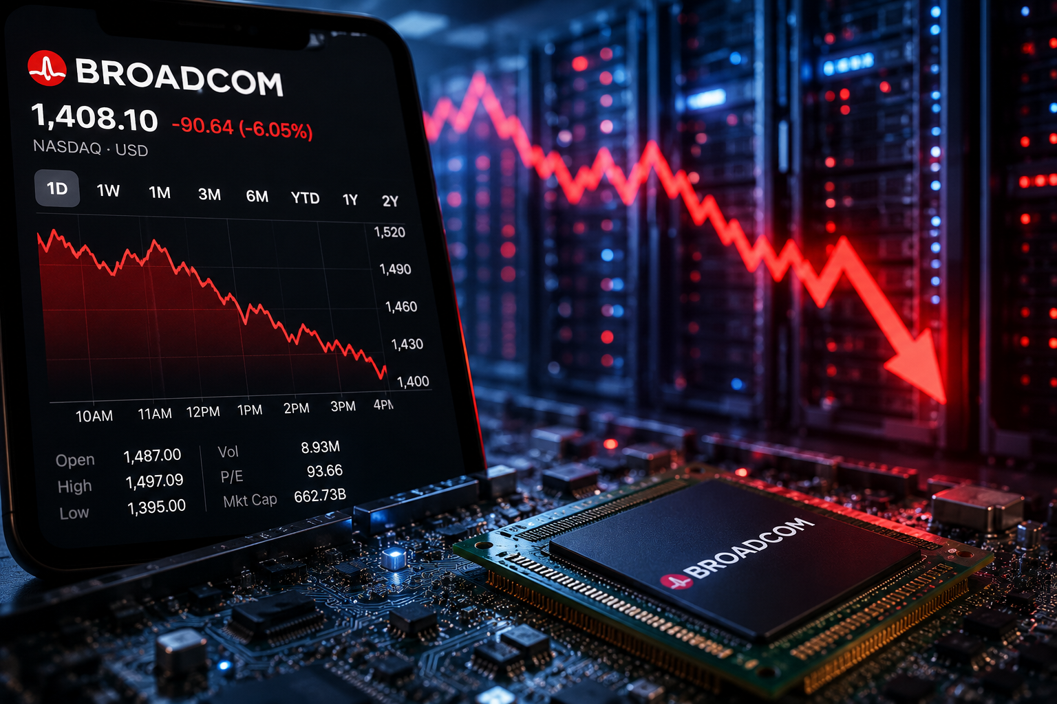 Semiconductor chip, server racks and falling red market charts symbolize pressure on AI chip stocks.