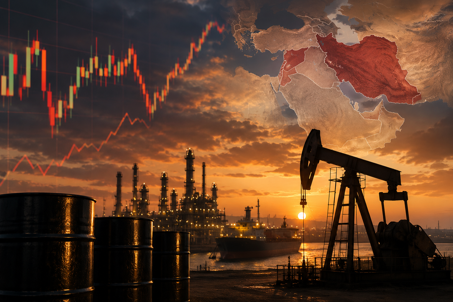 Oil barrels, a pumpjack, refinery towers and a tanker silhouetted beneath market charts and a Middle East map.