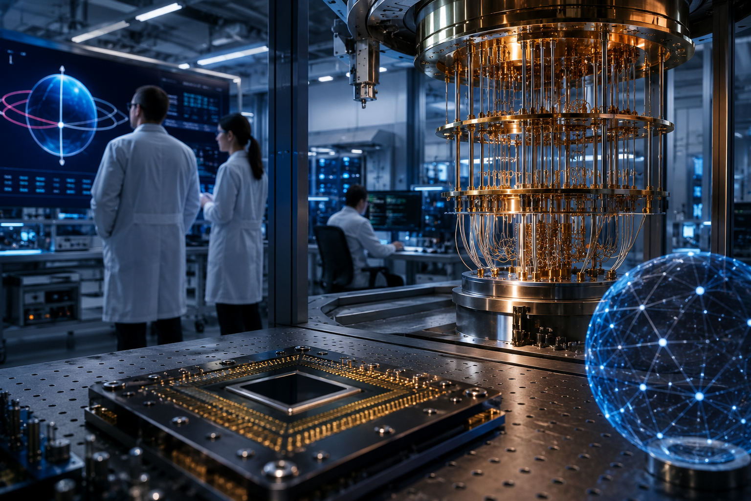 ChatGPT ImageQuantum computer in a high-tech laboratory with scientists, advanced chips and glowing digital network visuals. Jun 5, 2026, 07 00 00 PM