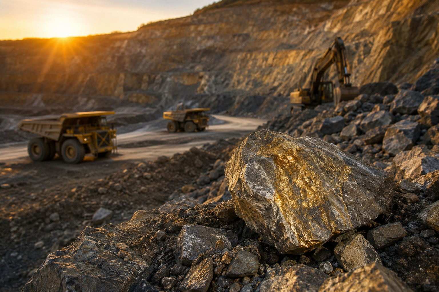 Photorealistic open-pit gold mine at sunset with mining trucks, excavator, terraced rock walls, and mineral-rich ore in the foreground.