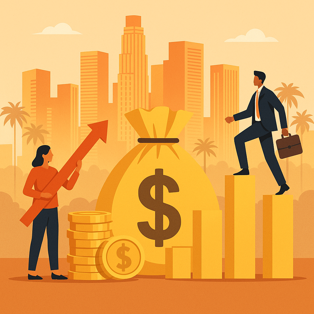 Illustration of business figures with financial symbols and LA skyline representing venture capital growth