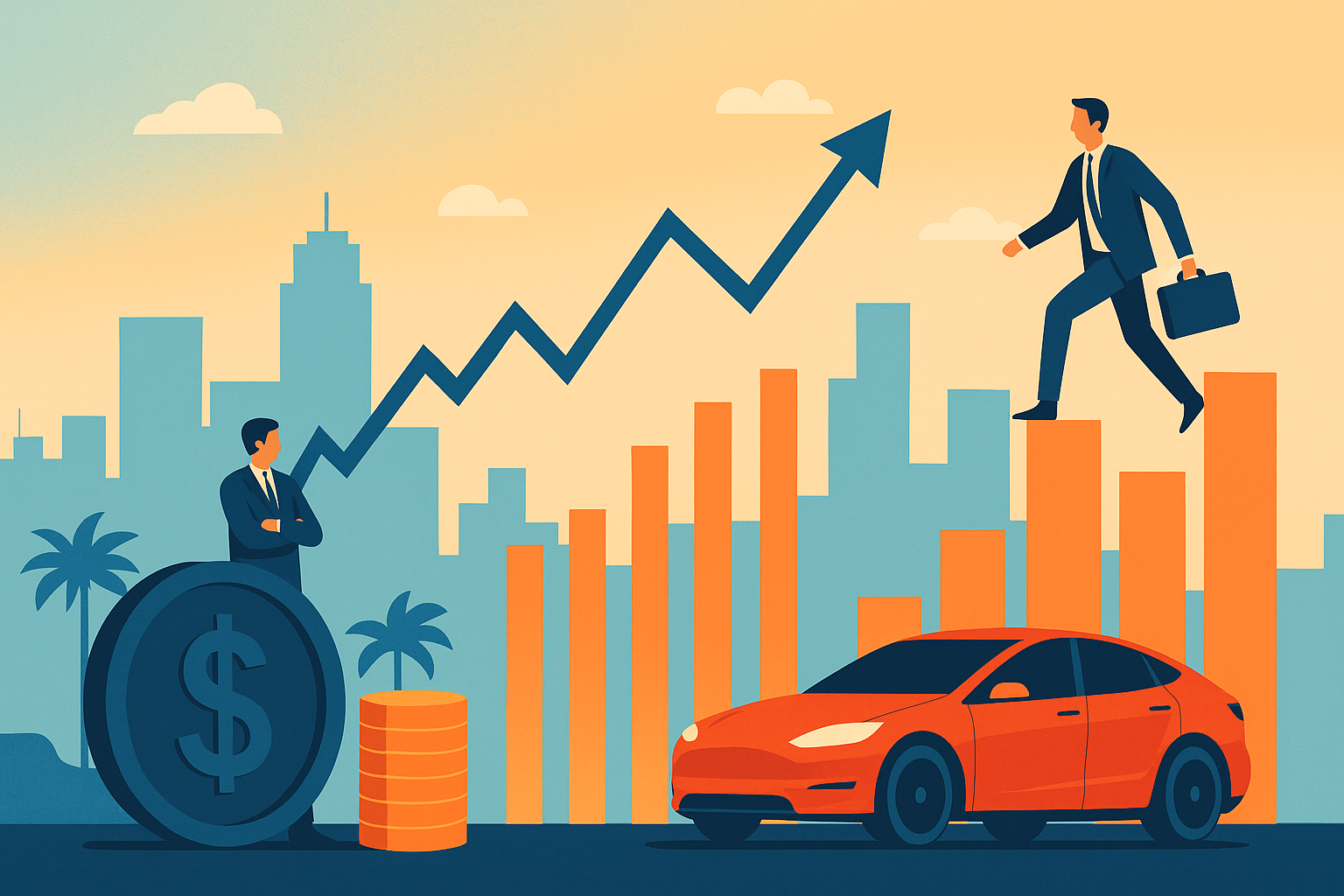 Illustration of a businessman with financial charts, dollar symbols, and an electric car against a city skyline.