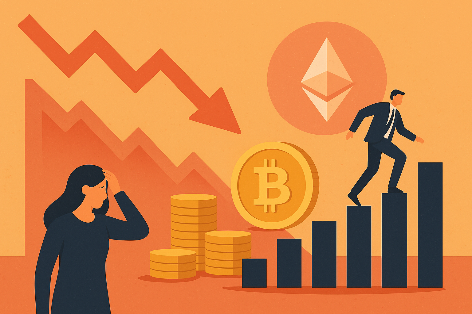 Digital illustration of Bitcoin and Ethereum symbols with falling red arrows, concerned investors, and declining charts.